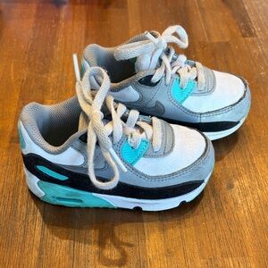 Nike Air Max 90 Baby/Toddler Shoes, 6c, white/grey/aqua blue